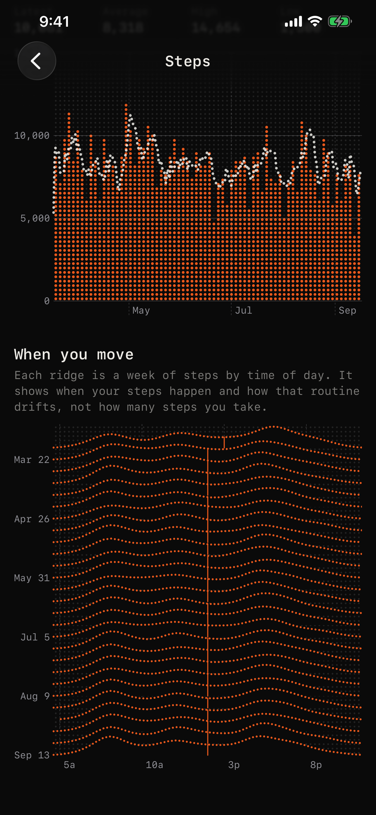 Steps by time of day drawn as dot-matrix ridges in the Instrument theme