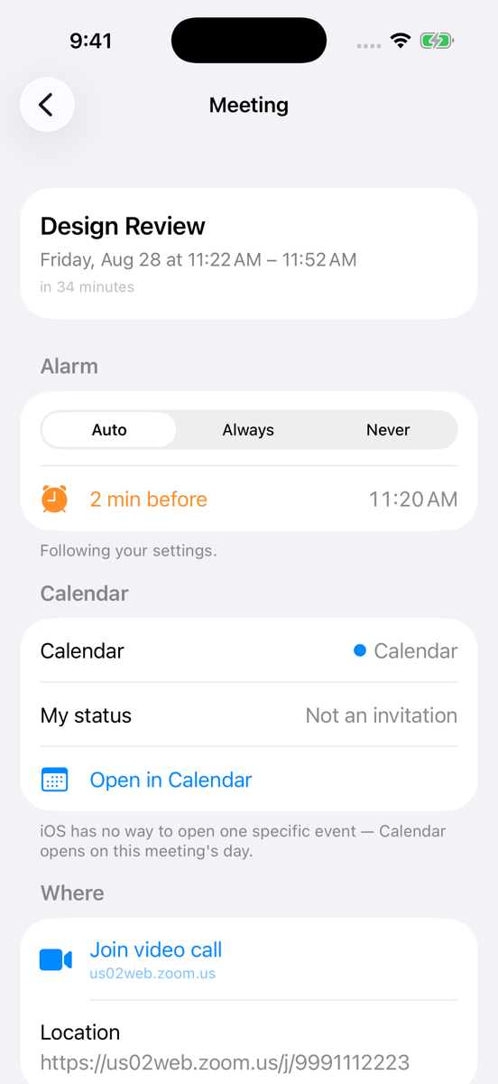 Meeting detail showing the alarm setting and a join video call link
