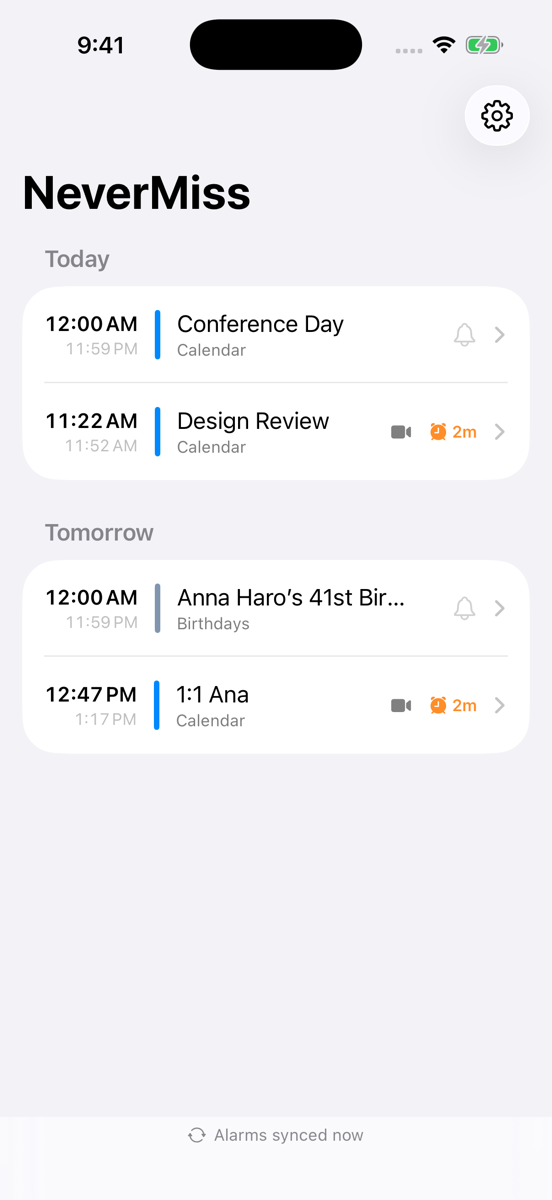 NeverMiss upcoming meetings list with armed alarms